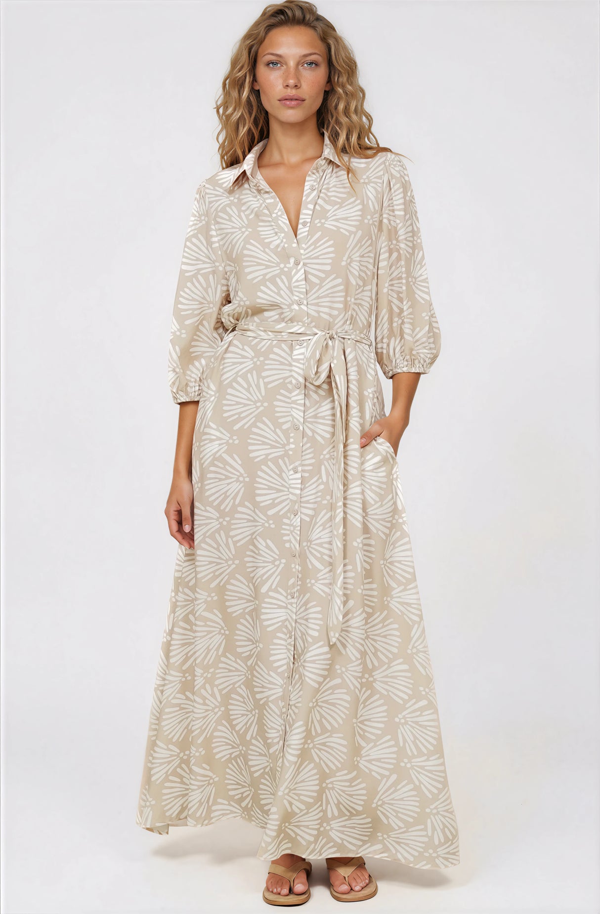 Model wearing Brea Maxi Dress in Catia Print Beige from Salty Crush