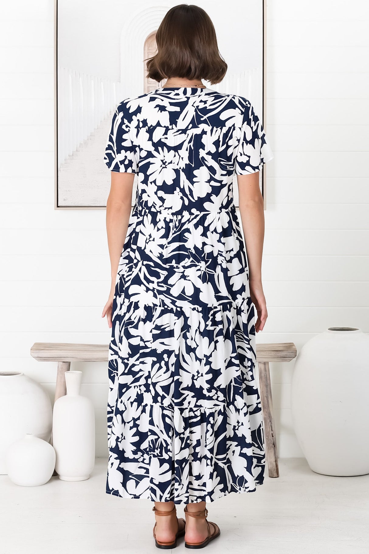 Bree Midi Dress - Relaxed Mandarin Collar Button Down Tiered Dress in Charis Print Blue