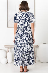 Bree Midi Dress - Relaxed Mandarin Collar Button Down Tiered Dress in Charis Print Blue