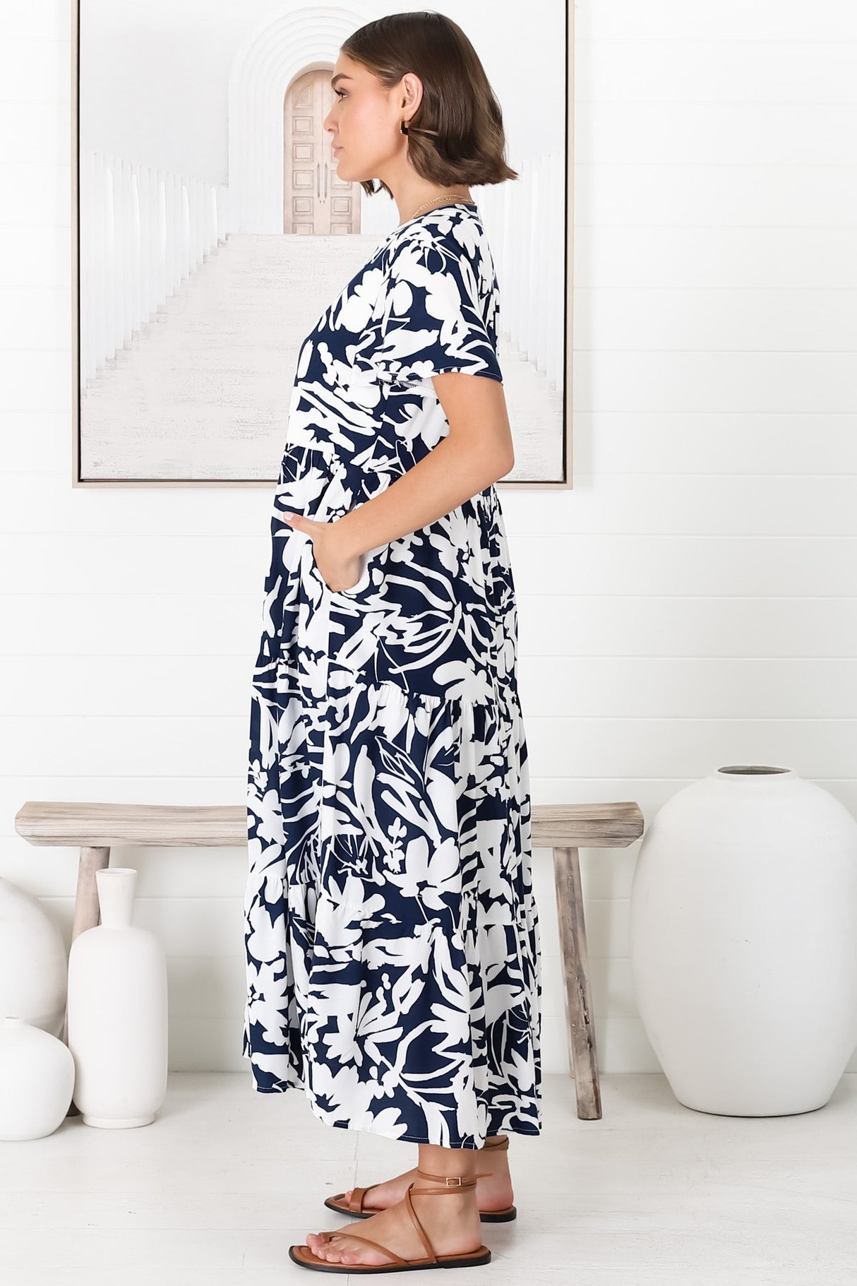 Bree Midi Dress - Relaxed Mandarin Collar Button Down Tiered Dress in Charis Print Blue