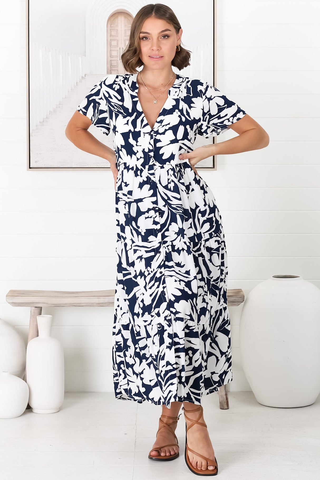 Bree Midi Dress - Relaxed Mandarin Collar Button Down Tiered Dress in Charis Print Blue