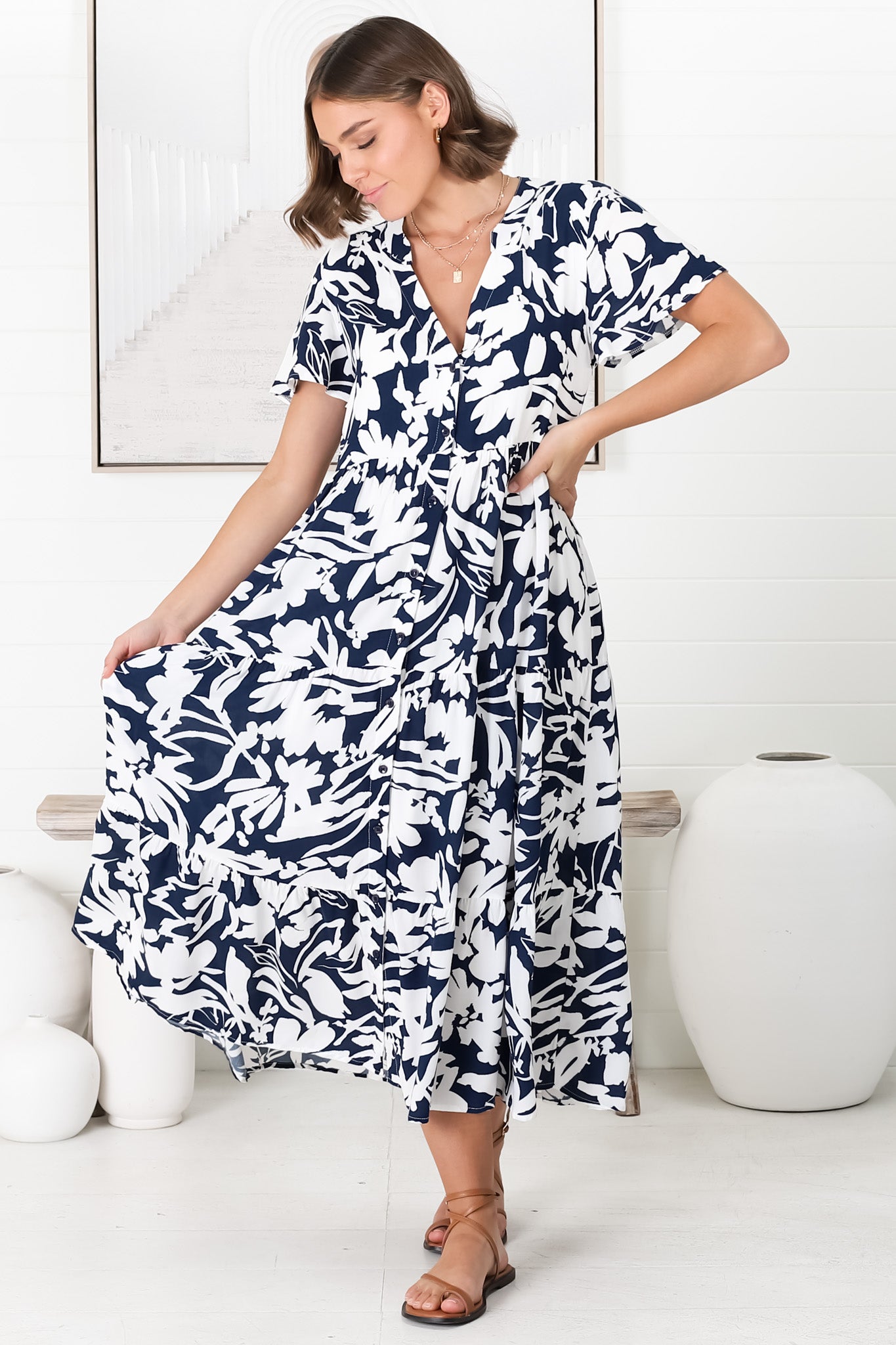 Bree Midi Dress - Relaxed Mandarin Collar Button Down Tiered Dress in Charis Print Blue