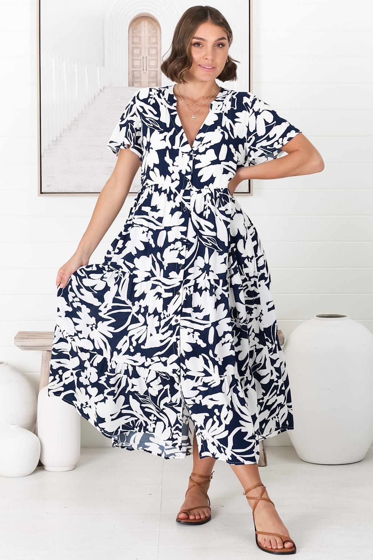 Bree Midi Dress - Relaxed Mandarin Collar Button Down Tiered Dress in Charis Print Blue