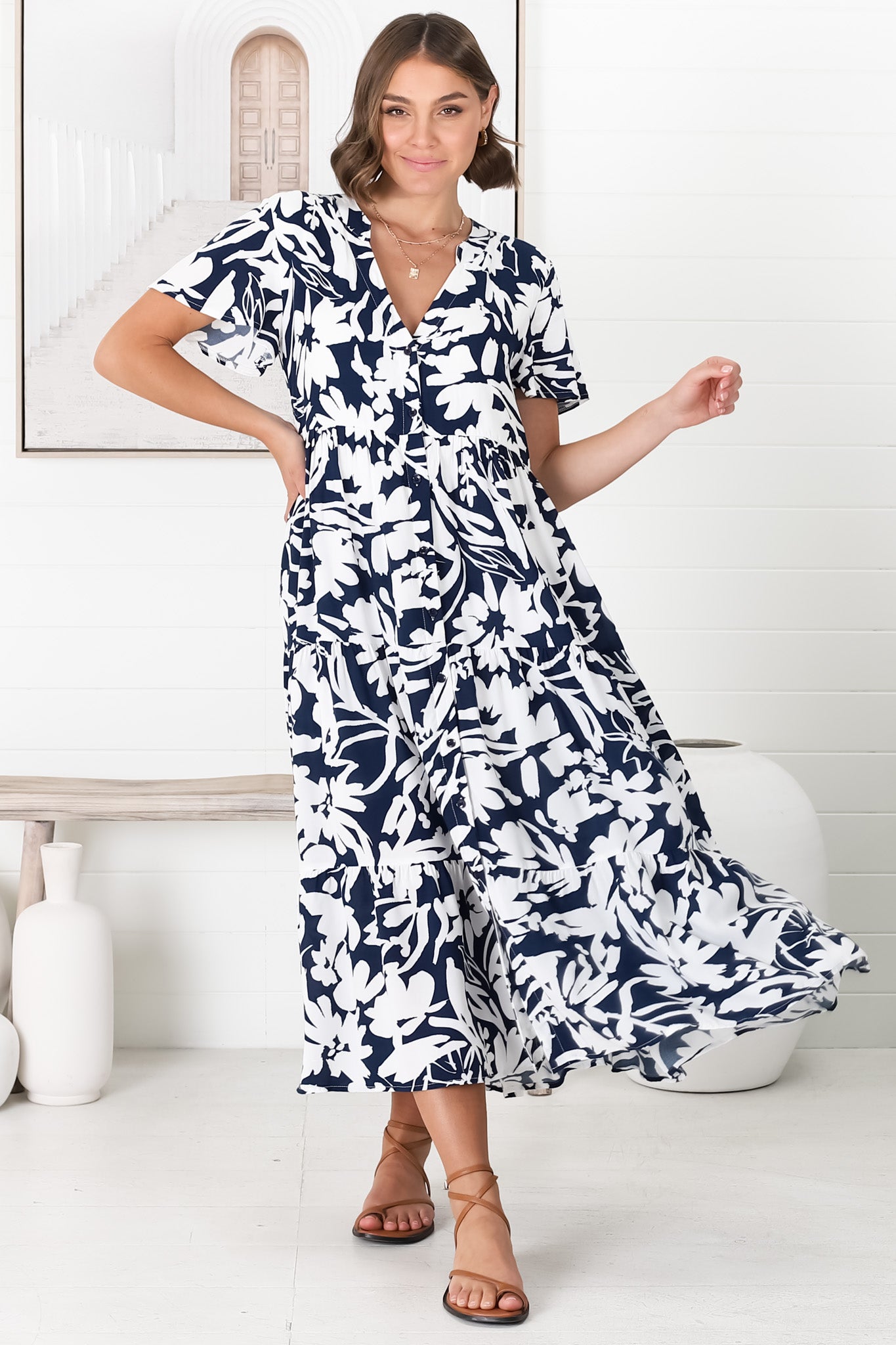 Bree Midi Dress - Relaxed Mandarin Collar Button Down Tiered Dress in Charis Print Blue