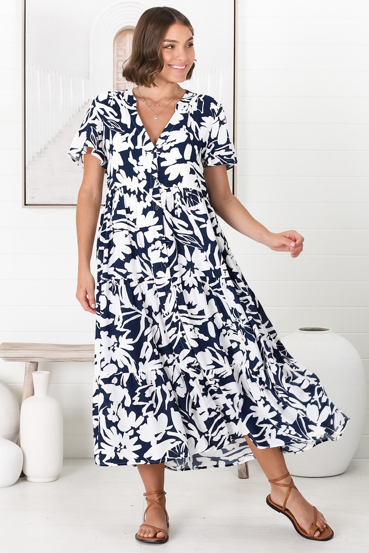 Bree Midi Dress - Relaxed Mandarin Collar Button Down Tiered Dress in Charis Print Blue