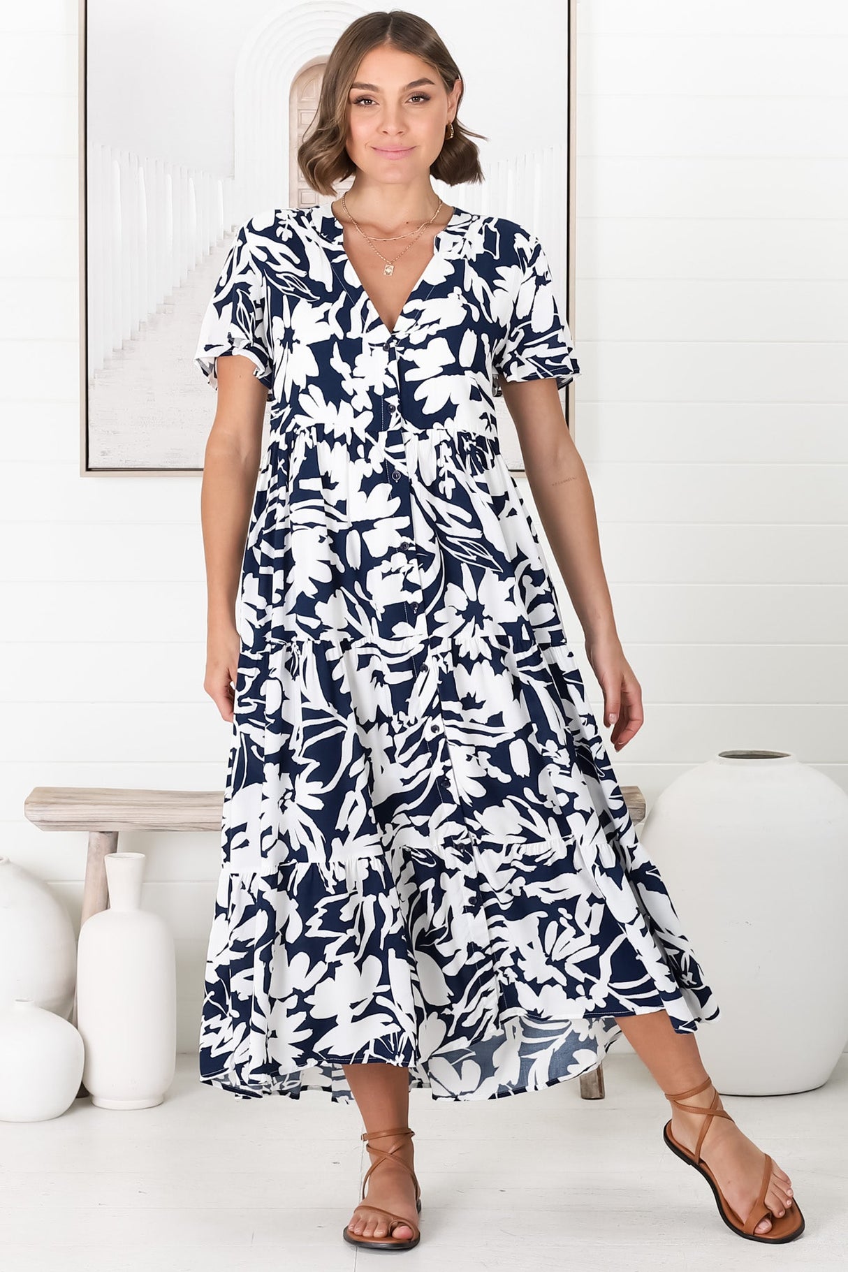 Bree Midi Dress - Relaxed Mandarin Collar Button Down Tiered Dress in Charis Print Blue