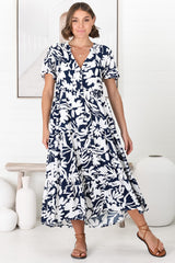 Bree Midi Dress - Relaxed Mandarin Collar Button Down Tiered Dress in Charis Print Blue