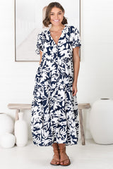 Bree Midi Dress - Relaxed Mandarin Collar Button Down Tiered Dress in Charis Print Blue