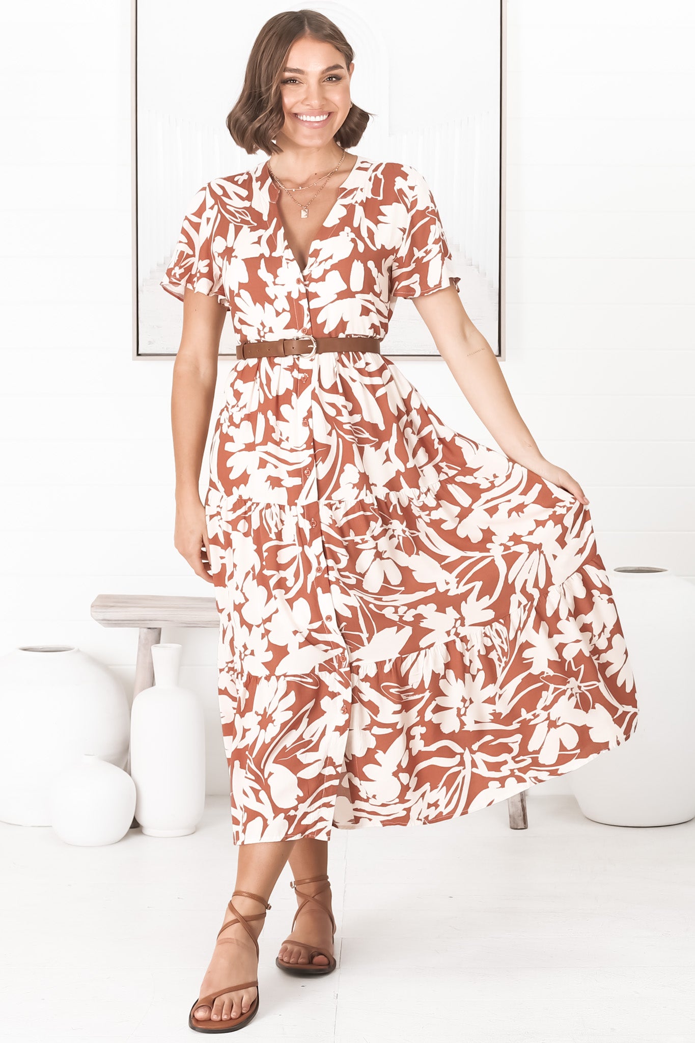 Bree Midi Dress - Relaxed Mandarin Collar Button Down Tiered Dress in Charis Print Rust
