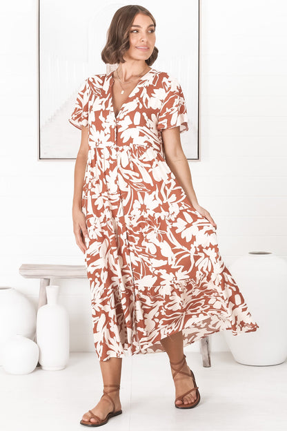 Bree Midi Dress - Relaxed Mandarin Collar Button Down Tiered Dress in Charis Print Rust