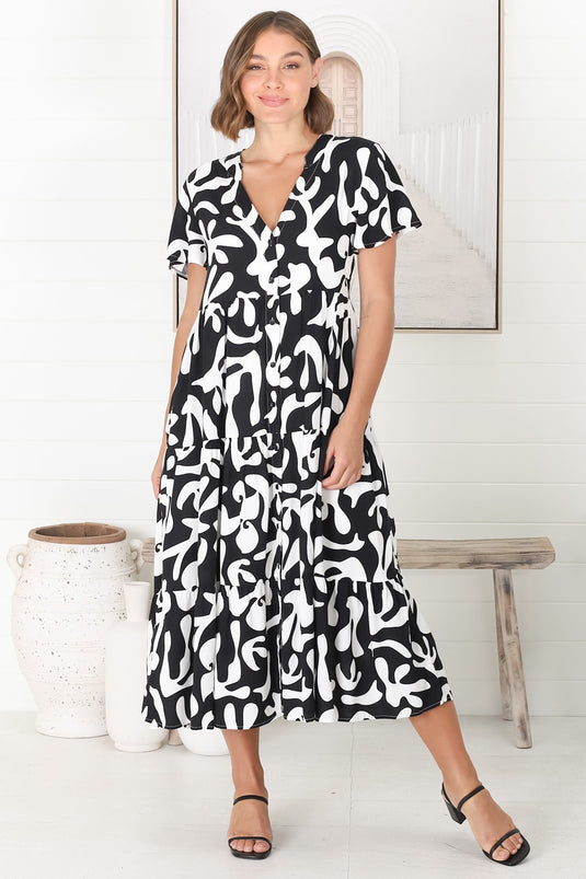 Bree Midi Dress - Relaxed Mandarin Collar Button Down Tiered Dress in Jaxie Print Black