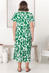 Bree Midi Dress - Relaxed Mandarin Collar Button Down Tiered Dress in Jaxie Print Green