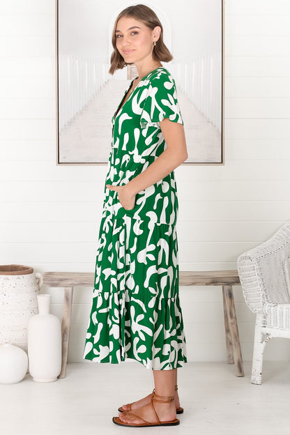 Bree Midi Dress - Relaxed Mandarin Collar Button Down Tiered Dress in Jaxie Print Green
