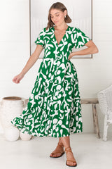 Bree Midi Dress - Relaxed Mandarin Collar Button Down Tiered Dress in Jaxie Print Green