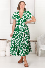 Bree Midi Dress - Relaxed Mandarin Collar Button Down Tiered Dress in Jaxie Print Green