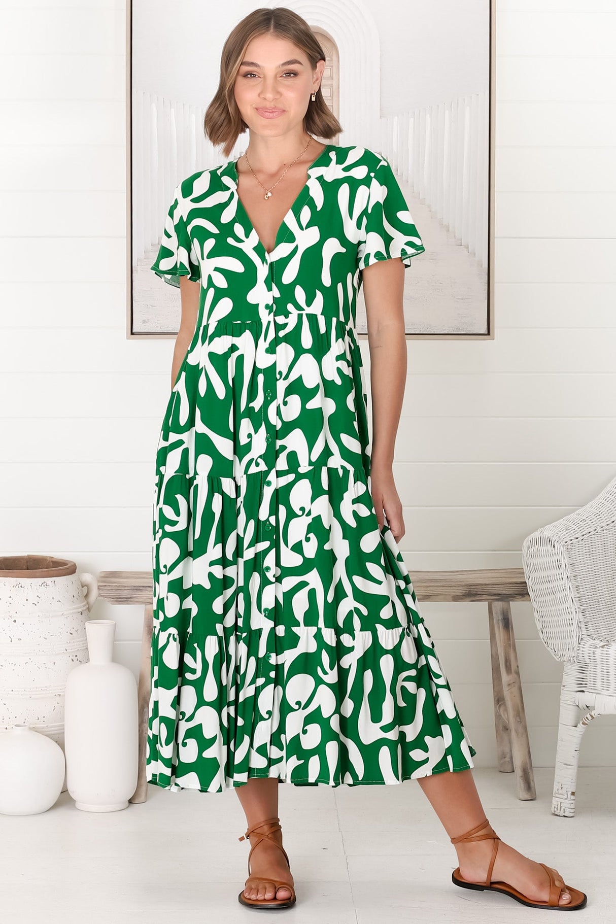 Bree Midi Dress - Relaxed Mandarin Collar Button Down Tiered Dress in Jaxie Print Green