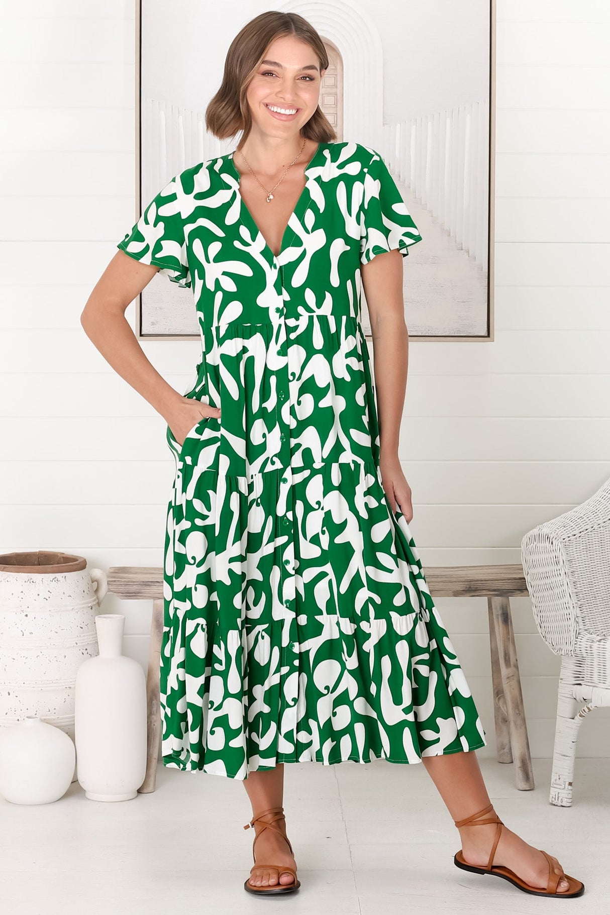 Bree Midi Dress - Relaxed Mandarin Collar Button Down Tiered Dress in Jaxie Print Green