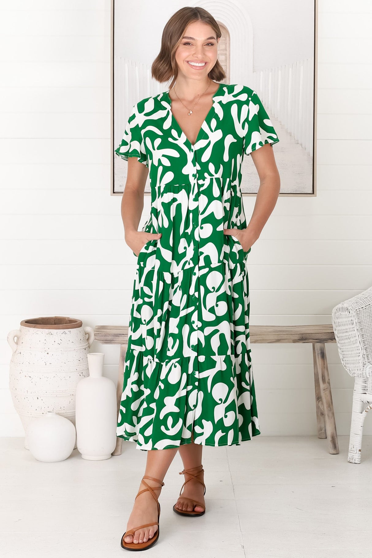 Bree Midi Dress - Relaxed Mandarin Collar Button Down Tiered Dress in Jaxie Print Green