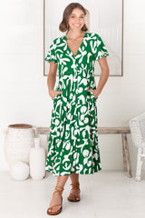 Bree Midi Dress - Relaxed Mandarin Collar Button Down Tiered Dress in Jaxie Print Green