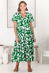 Bree Midi Dress - Relaxed Mandarin Collar Button Down Tiered Dress in Jaxie Print Green