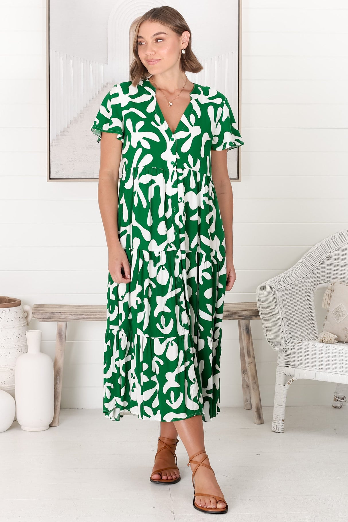 Bree Midi Dress - Relaxed Mandarin Collar Button Down Tiered Dress in Jaxie Print Green