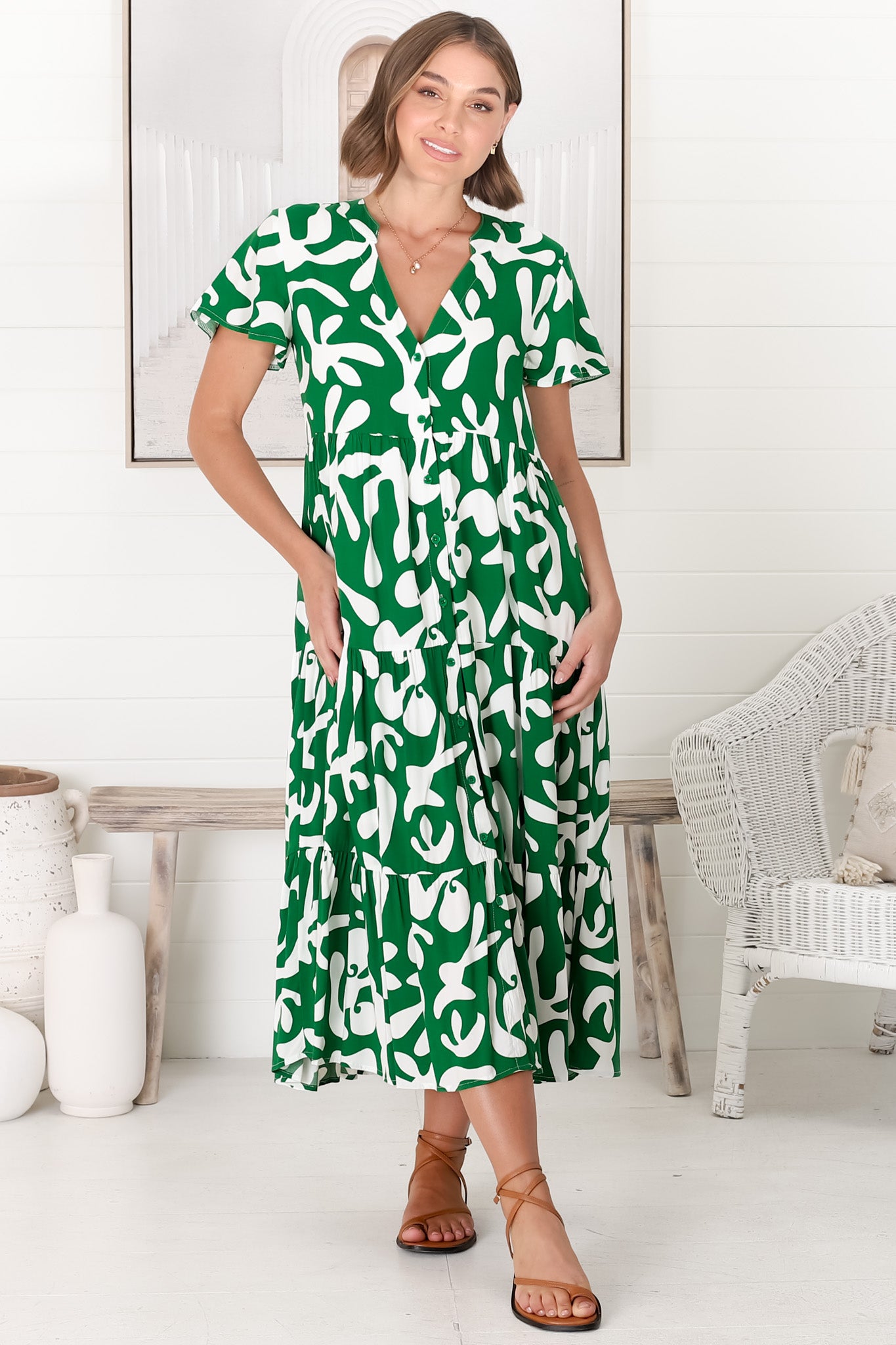 Bree Midi Dress - Relaxed Mandarin Collar Button Down Tiered Dress in Jaxie Print Green