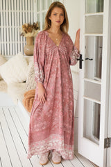 JAASE - Bree Maxi Dress: Frill Balloon Sleeve V Neck Shift Dress in Angelina Print