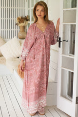JAASE - Bree Maxi Dress: Frill Balloon Sleeve V Neck Shift Dress in Angelina Print