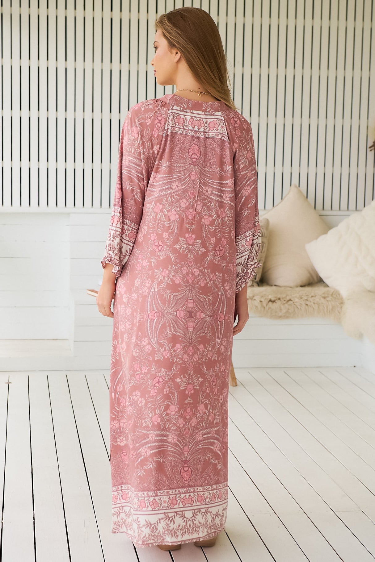 JAASE - Bree Maxi Dress: Frill Balloon Sleeve V Neck Shift Dress in Angelina Print