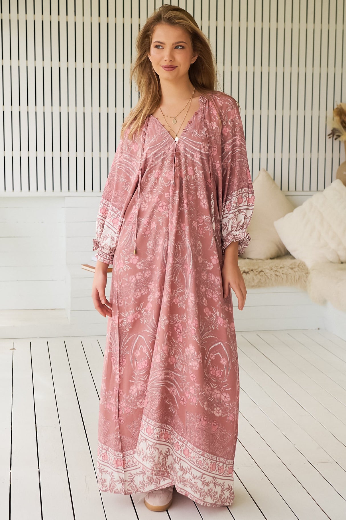 JAASE - Bree Maxi Dress: Frill Balloon Sleeve V Neck Shift Dress in Angelina Print