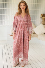 JAASE - Bree Maxi Dress: Frill Balloon Sleeve V Neck Shift Dress in Angelina Print