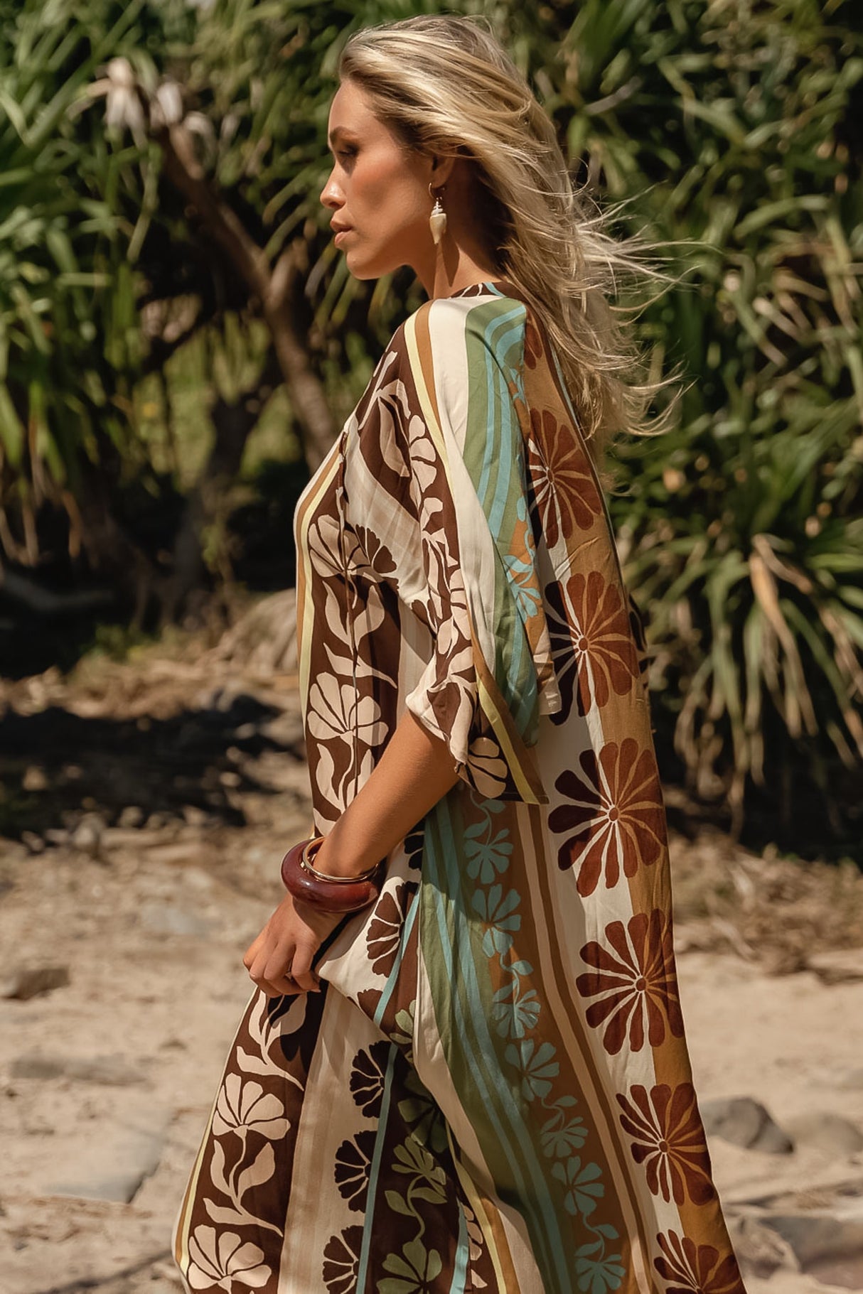 JAASE - Bree Maxi Dress: Handkerchief Sleeve V Neck Shift Dress in Cacao Mist Print