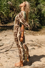 JAASE - Bree Maxi Dress: Handkerchief Sleeve V Neck Shift Dress in Cacao Mist Print