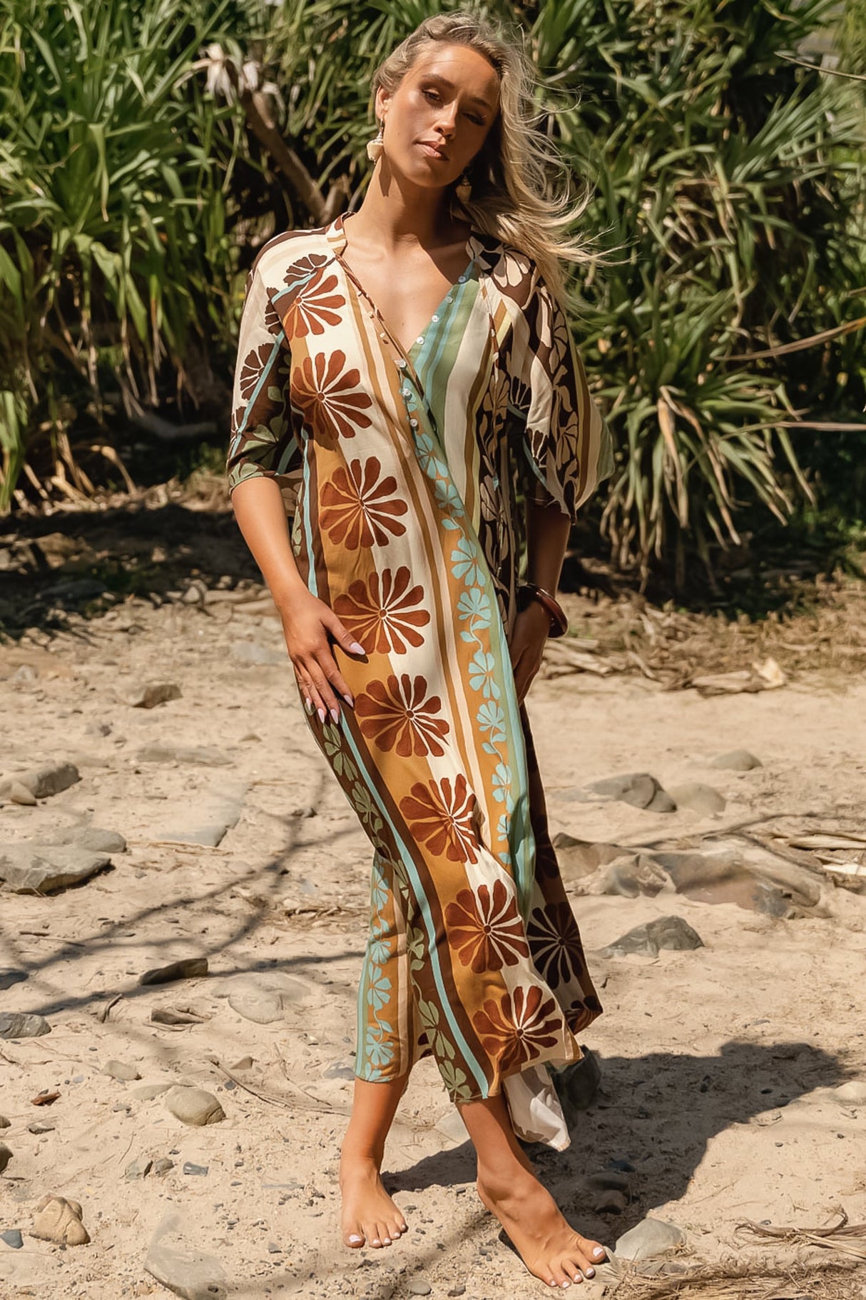 JAASE - Bree Maxi Dress: Handkerchief Sleeve V Neck Shift Dress in Cacao Mist Print