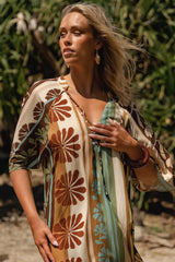 JAASE - Bree Maxi Dress: Handkerchief Sleeve V Neck Shift Dress in Cacao Mist Print