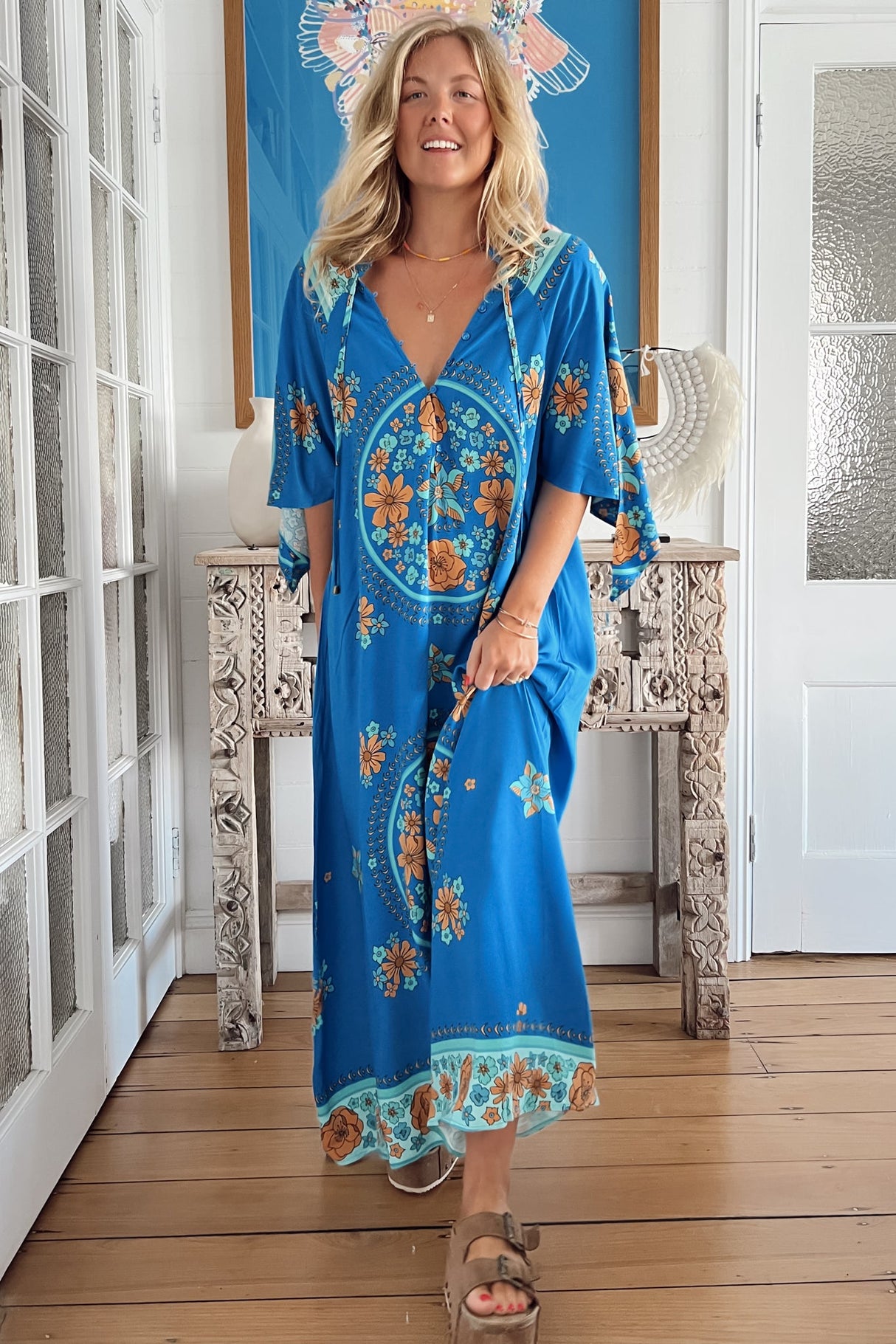 JAASE - Bree Maxi Dress: Handkerchief Sleeve Shift Dress in Riviera Print