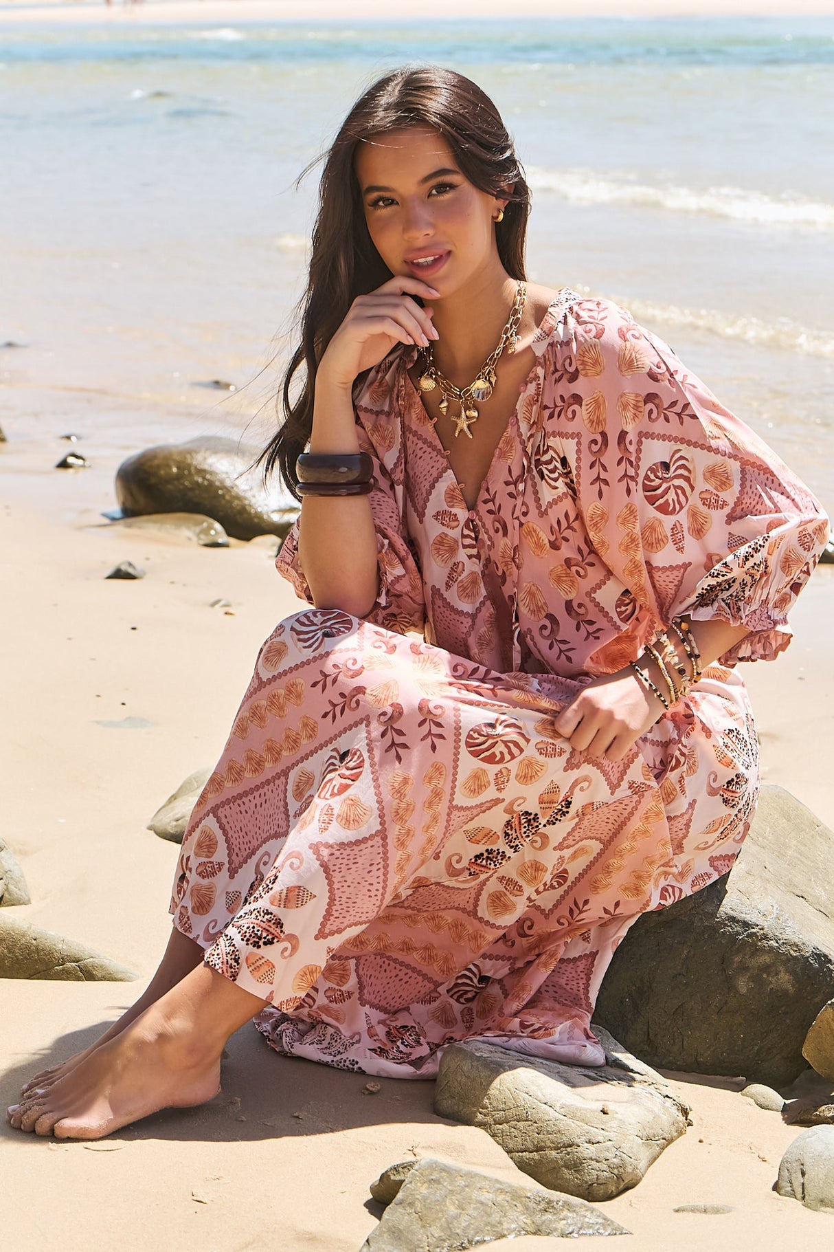 JAASE - Bree Maxi Dress: Balloon Sleeve Shift Dress in Tahitian Print