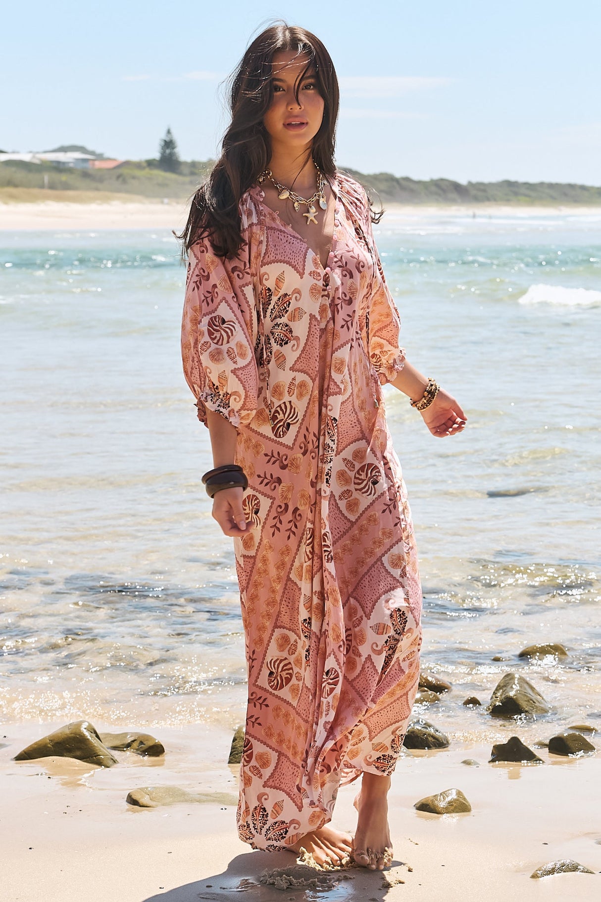 JAASE - Bree Maxi Dress: Balloon Sleeve Shift Dress in Tahitian Print