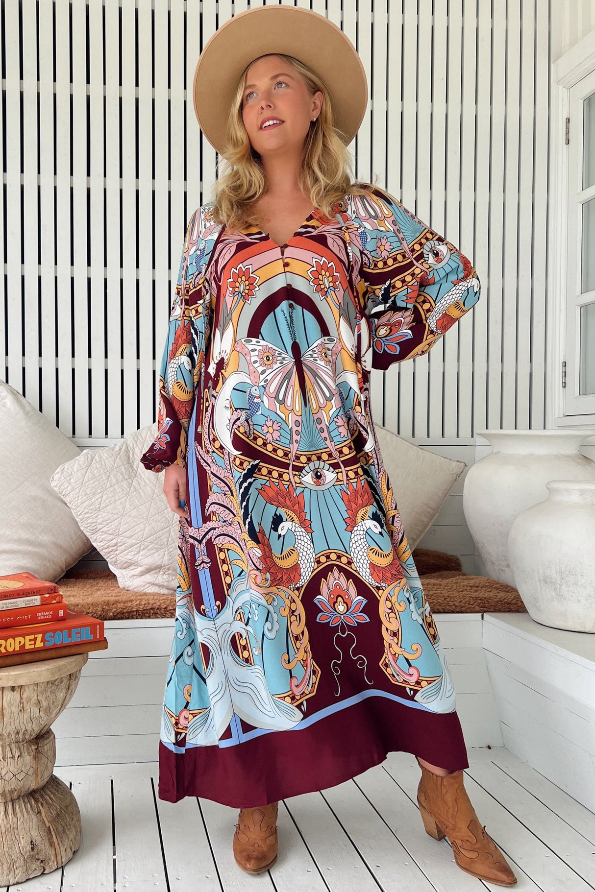 JAASE - Bree Maxi Dress: Long Balloon Sleeve Shift Dress in Wild Hearts Print