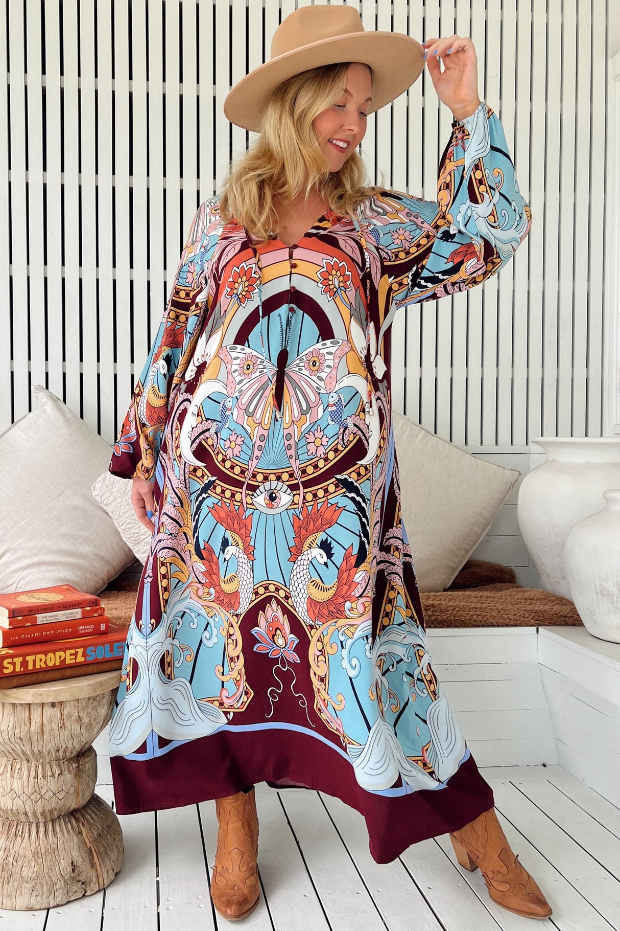 JAASE - Bree Maxi Dress: Long Balloon Sleeve Shift Dress in Wild Hearts Print