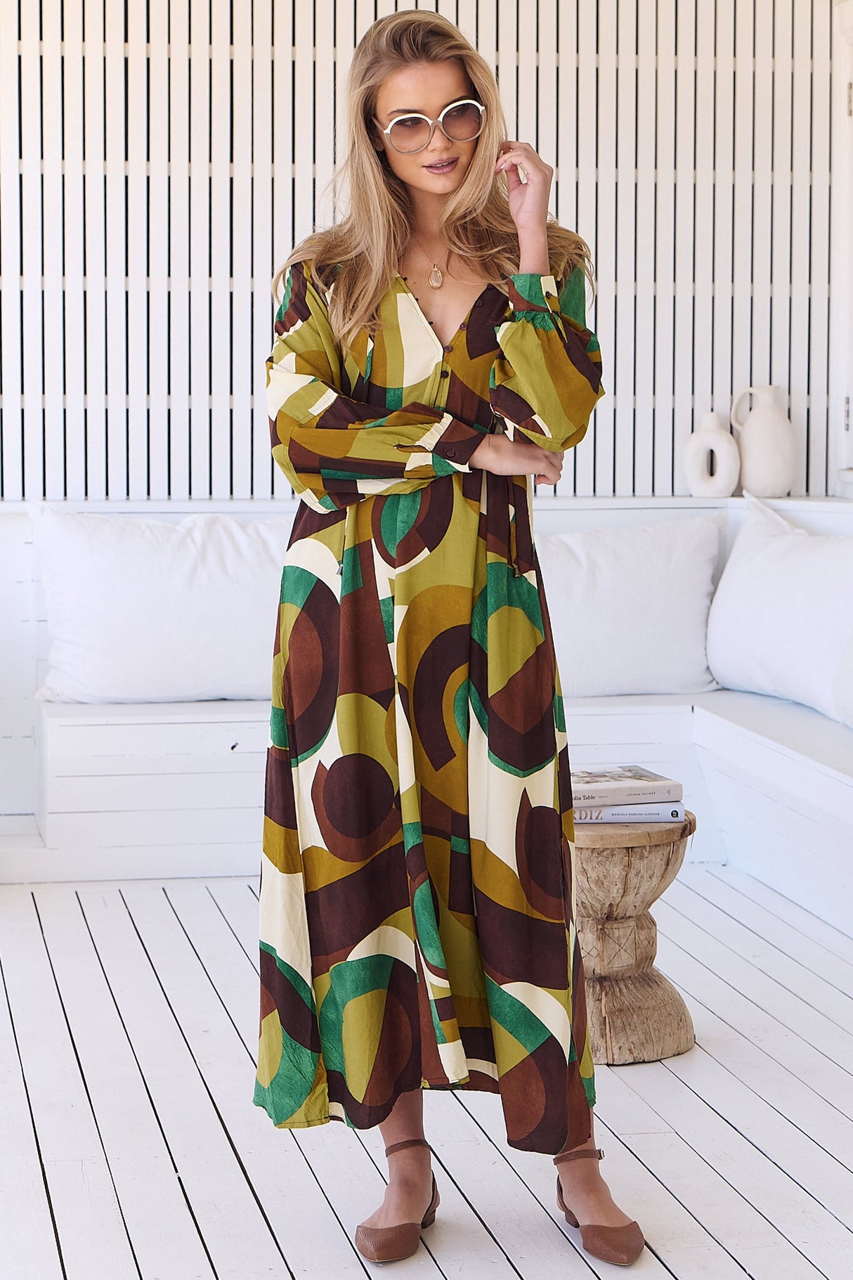 JAASE - Bree Maxi Dress: V Neckline Pull Over Dress with Long Sleeves in Bardot Print