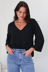 Breezer Top - Long Sleeve V Neck Pull Over Top with High Low Hemline in Black