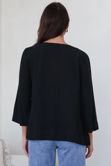 Breezer Top - Long Sleeve V Neck Pull Over Top with High Low Hemline in Black