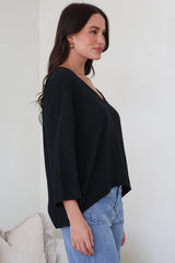 Breezer Top - Long Sleeve V Neck Pull Over Top with High Low Hemline in Black