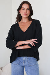 Breezer Top - Long Sleeve V Neck Pull Over Top with High Low Hemline in Black