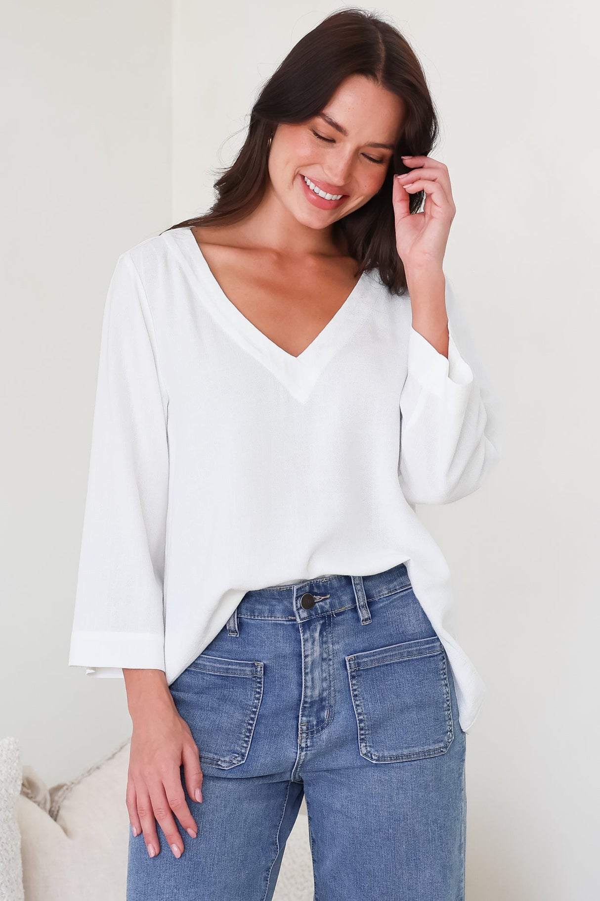 Breezer Top - Long Sleeve V Neck Pull Over Top with High Low Hemline in White