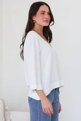 Breezer Top - Long Sleeve V Neck Pull Over Top with High Low Hemline in White