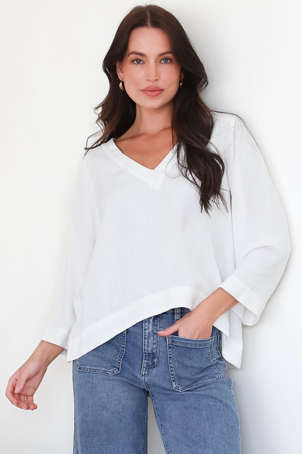 Model wearing Breezer Top in White from Salty Crush