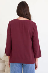 Breezer Top - Long Sleeve V Neck Pull Over Top with High Low Hemline in Wine