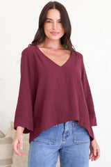 Breezer Top - Long Sleeve V Neck Pull Over Top with High Low Hemline in Wine